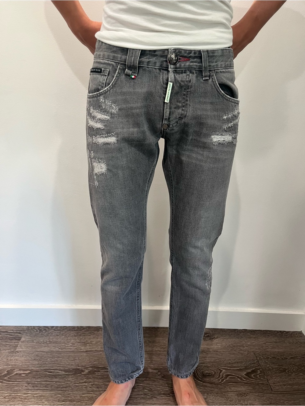 Philipp Plein Men's Grey Slim Straight Distressed Jeans